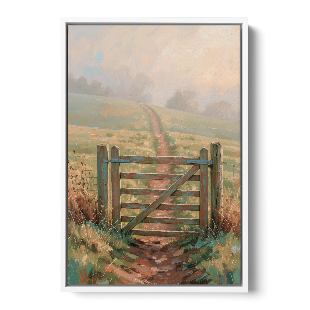 Modern Farmhouse Wall Art Pasture Gate in Morning Mist - White Framed Canvas Wall Art - Front
