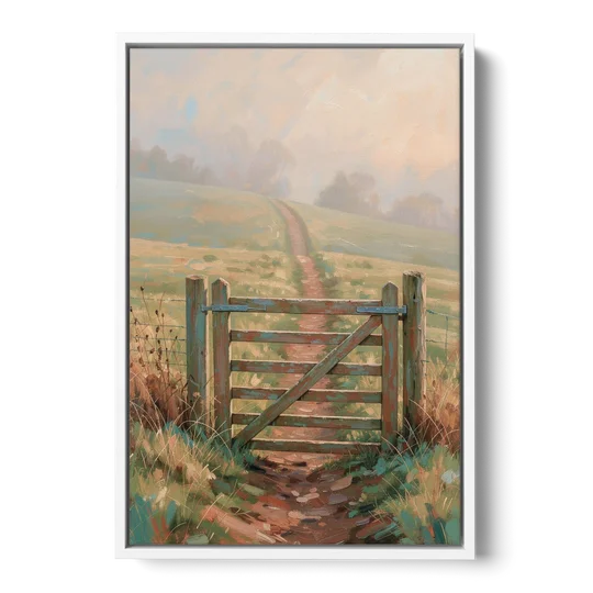 Modern Farmhouse Wall Art Pasture Gate in Morning Mist - White Framed Canvas Wall Art - Front