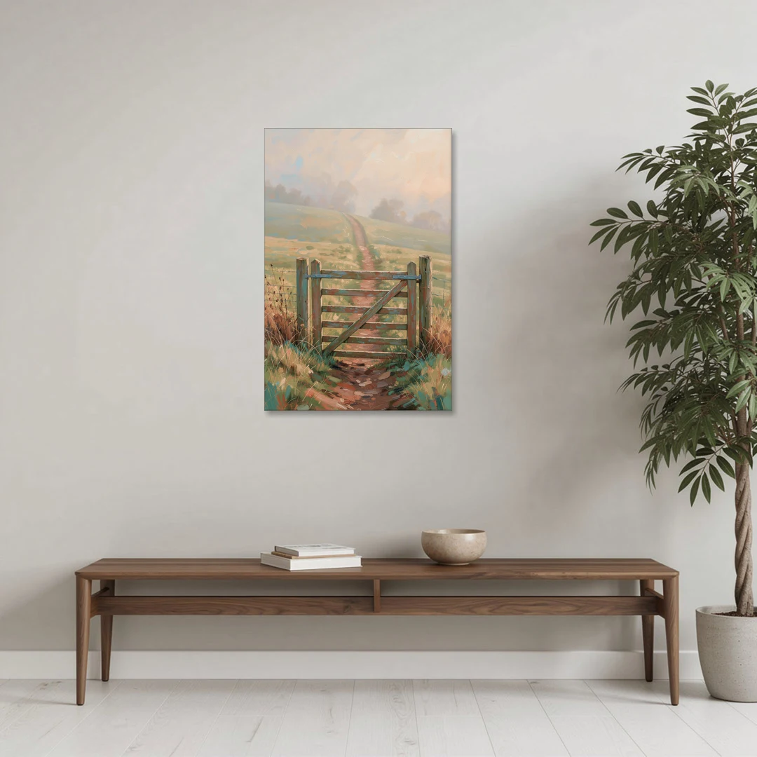 Modern Farmhouse Wall Art Pasture Gate in Morning Mist - Canvas Wall Art - Coffee Table - 24x36