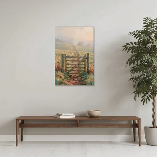 Modern Farmhouse Wall Art Pasture Gate in Morning Mist - Canvas Wall Art - Coffee Table - 24x36