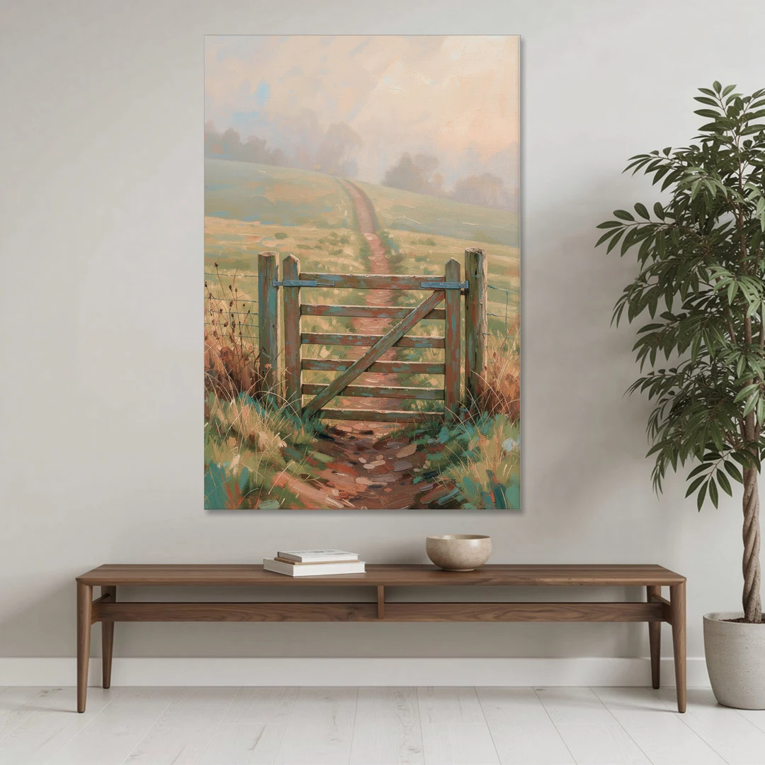 Modern Farmhouse Wall Art Pasture Gate in Morning Mist - Canvas Wall Art - Coffee Table - 40x60
