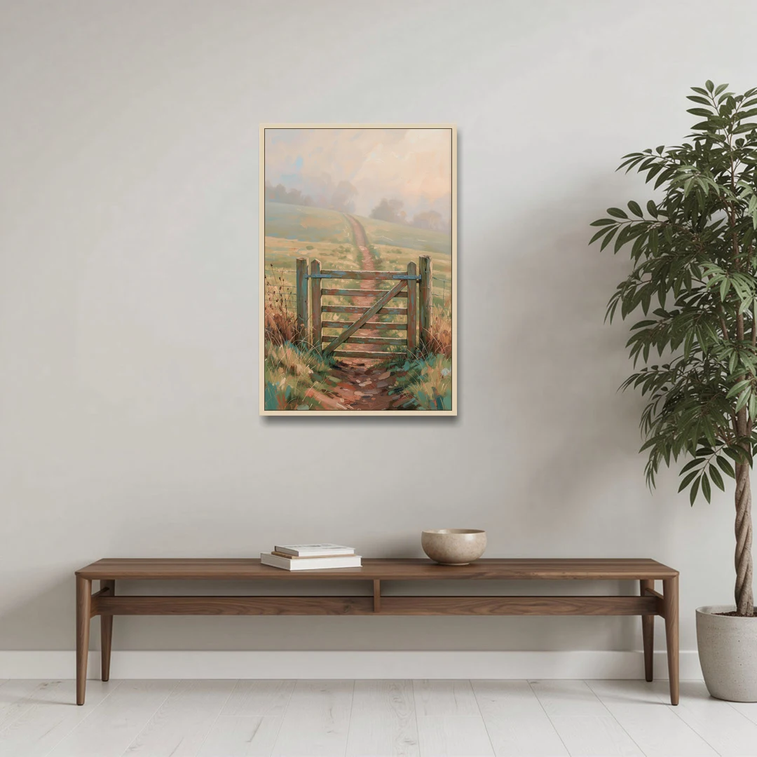 Modern Farmhouse Wall Art Pasture Gate in Morning Mist - Oak Framed Canvas Wall Art - Coffee Table - 24x36