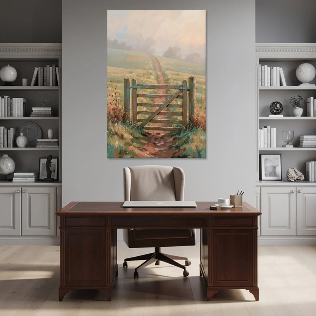 Modern Farmhouse Wall Art Pasture Gate in Morning Mist - Canvas Wall Art - Office - 40x60