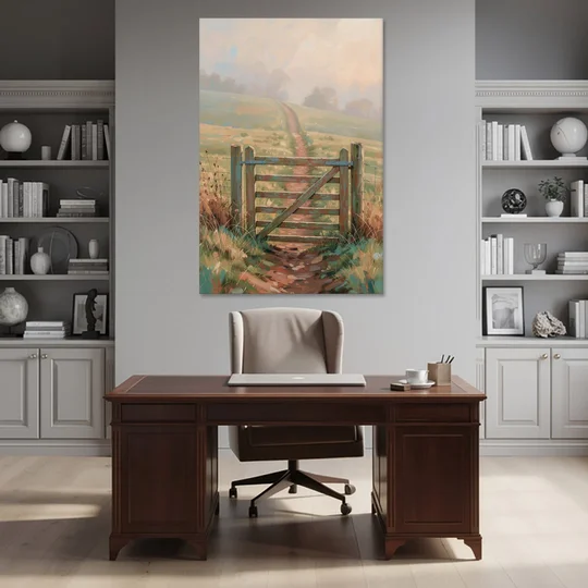 Modern Farmhouse Wall Art Pasture Gate in Morning Mist - Canvas Wall Art - Office - 40x60
