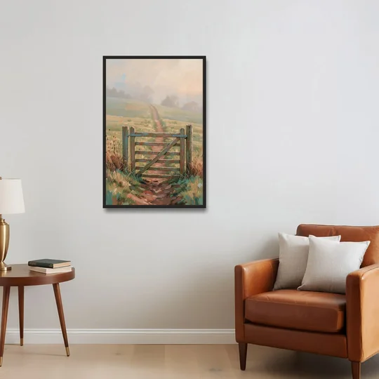 Modern Farmhouse Wall Art Pasture Gate in Morning Mist - Black Framed Canvas Wall Art - Sofa - 24x36