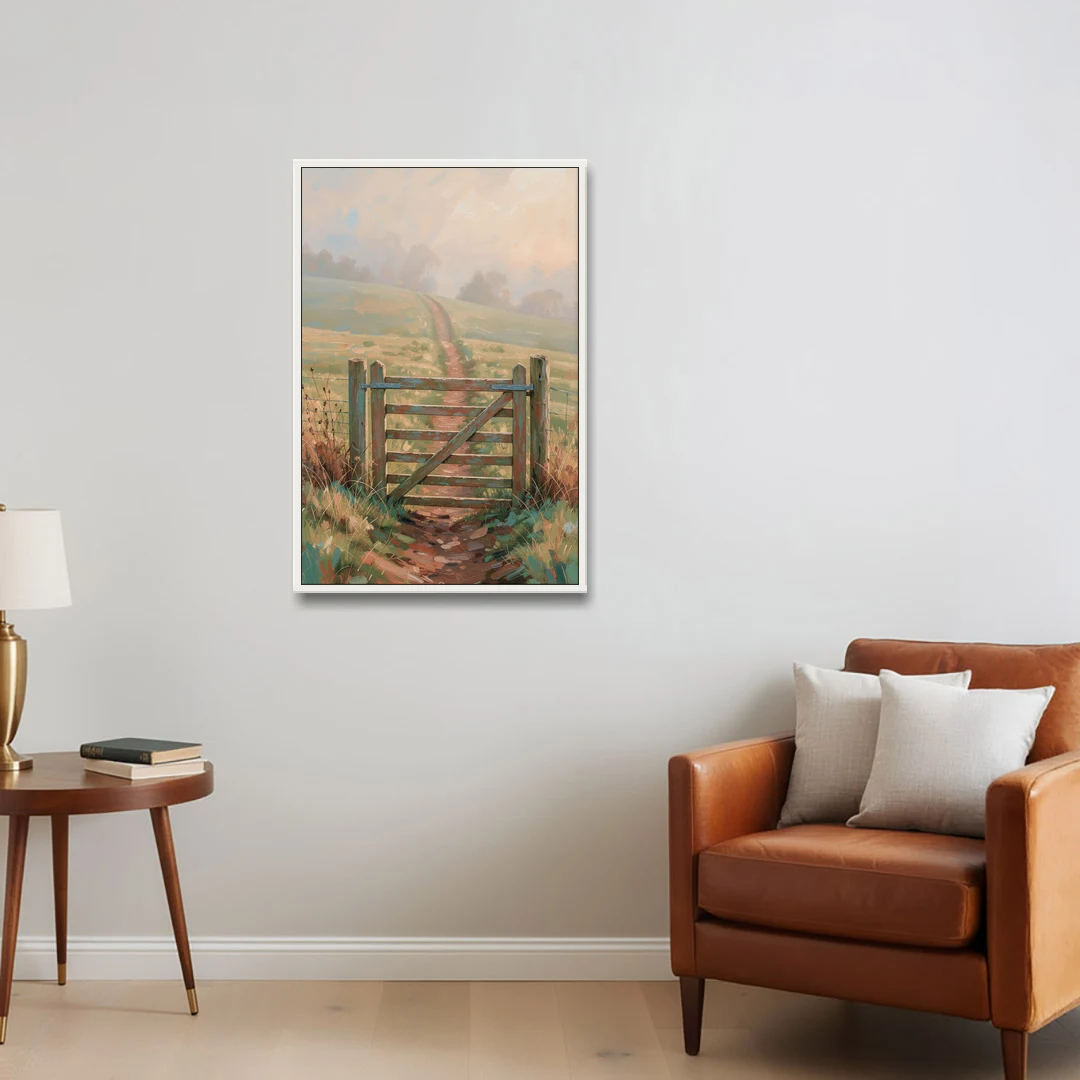 Modern Farmhouse Wall Art Pasture Gate in Morning Mist - White Framed Canvas Wall Art - Sofa - 24x36