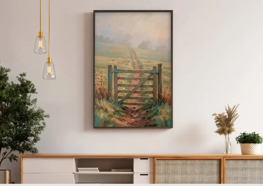 Modern Farmhouse Wall Art Pasture Gate in Morning Mist canvas wall art above a wooden sideboard under pendant lights