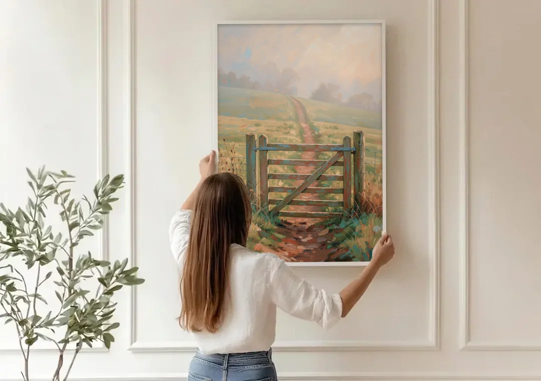 Modern Farmhouse Wall Art Pasture Gate in Morning Mist canvas wall art being hung on a paneled wall