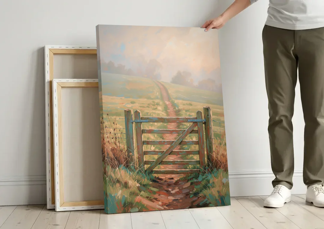 Modern Farmhouse Wall Art Pasture Gate in Morning Mist canvas wall art leaning against a wall next to blank canvases