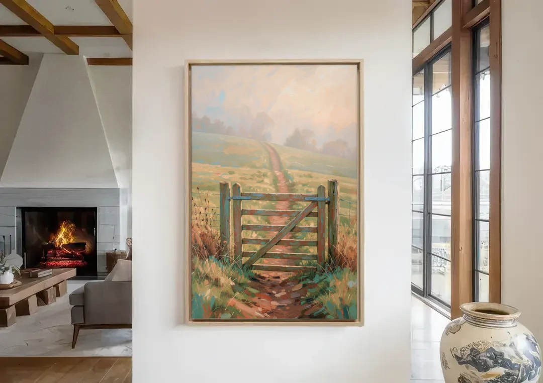 Modern Farmhouse Wall Art Pasture Gate in Morning Mist canvas wall art in a living room with a fireplace