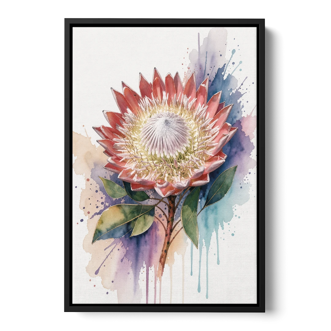 Modern Floral King Protea Crown - Black Framed Canvas Wall Art - Front