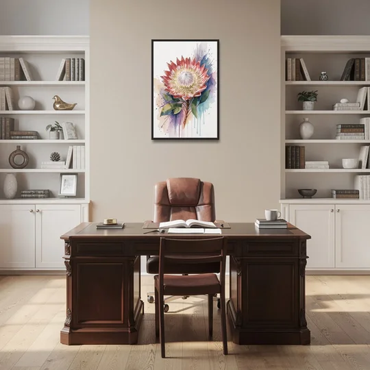 Modern Floral King Protea Crown - Black Framed Canvas Wall Art - Office - 24x36