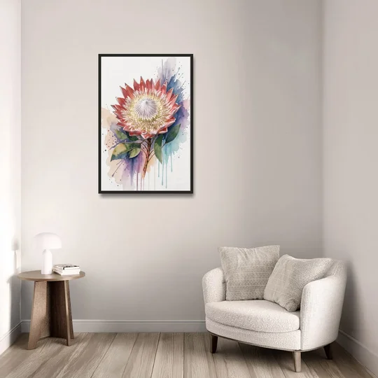 Modern Floral King Protea Crown - Black Framed Canvas Wall Art - Sofa - 24x36