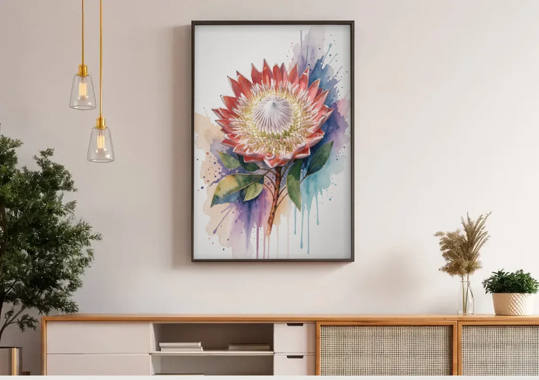 Modern Floral King Protea Crown canvas wall art above a wooden sideboard under pendant lights