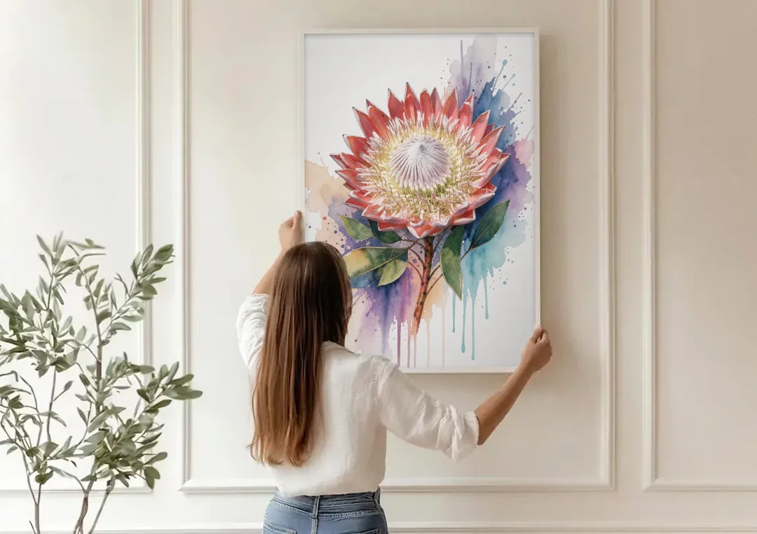 Modern Floral King Protea Crown canvas wall art being hung on a paneled wall