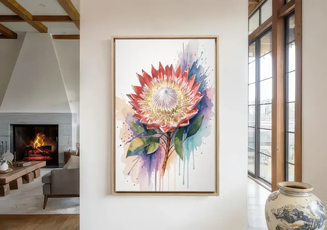 Modern Floral King Protea Crown canvas wall art in a living room with a fireplace