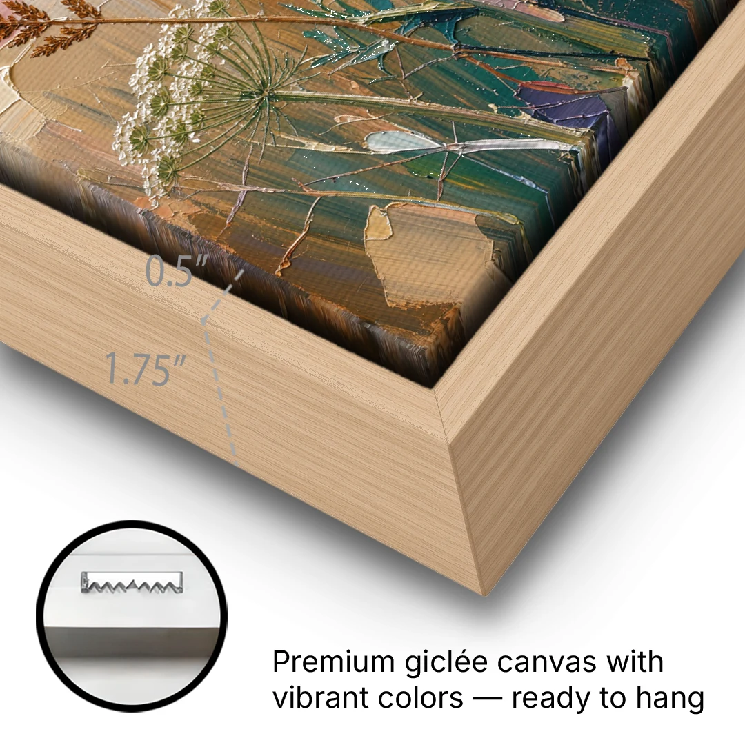 Modern Floral Painting of Thistle and Wild Carrot - Oak Framed Canvas Wall Art - Gallery Wrap Corner