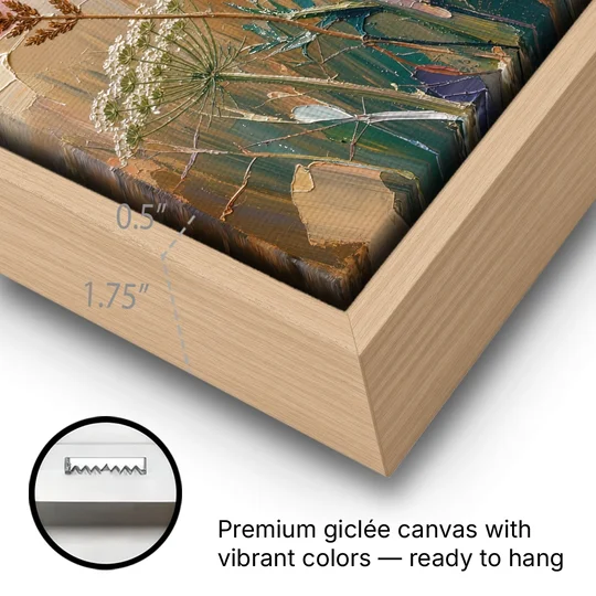 Modern Floral Painting of Thistle and Wild Carrot - Oak Framed Canvas Wall Art - Gallery Wrap Corner