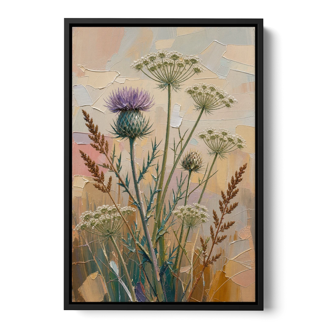 Modern Floral Painting of Thistle and Wild Carrot - Black Framed Canvas Wall Art - Front