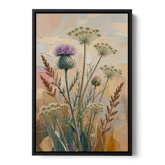 Modern Floral Painting of Thistle and Wild Carrot - Black Framed Canvas Wall Art - Front