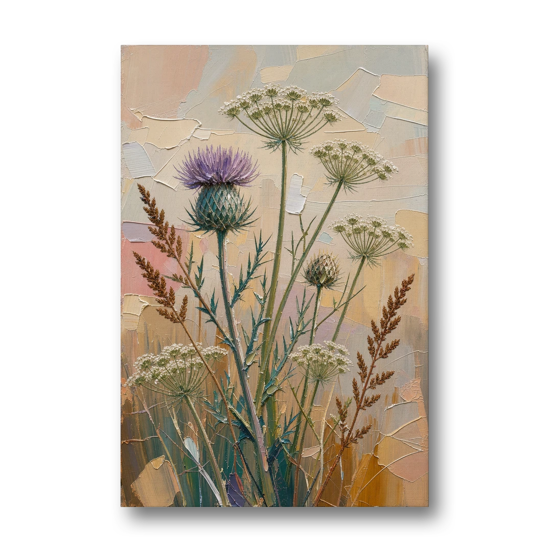 Modern Floral Painting of Thistle and Wild Carrot - Canvas Wall Art - Front