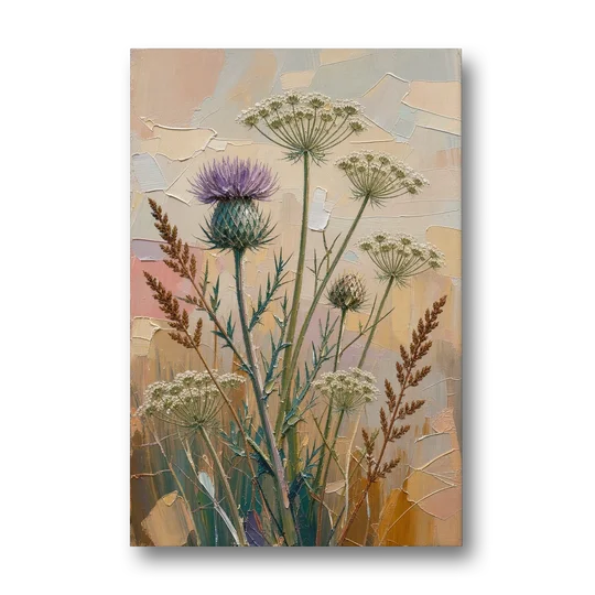 Modern Floral Painting of Thistle and Wild Carrot - Canvas Wall Art - Front