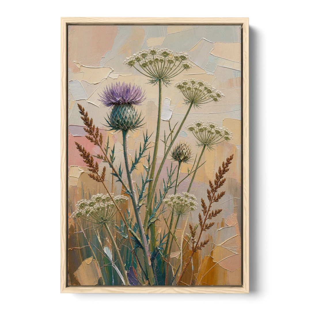 Modern Floral Painting of Thistle and Wild Carrot - Oak Framed Canvas Wall Art - Front