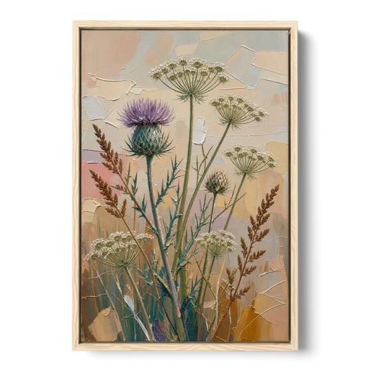 Modern Floral Painting of Thistle and Wild Carrot - Oak Framed Canvas Wall Art - Front