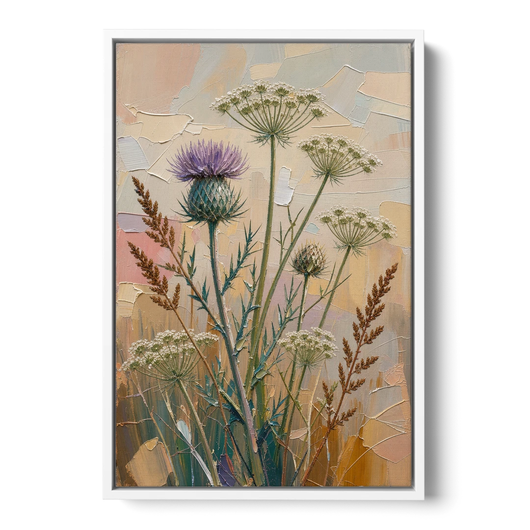 Modern Floral Painting of Thistle and Wild Carrot - White Framed Canvas Wall Art - Front