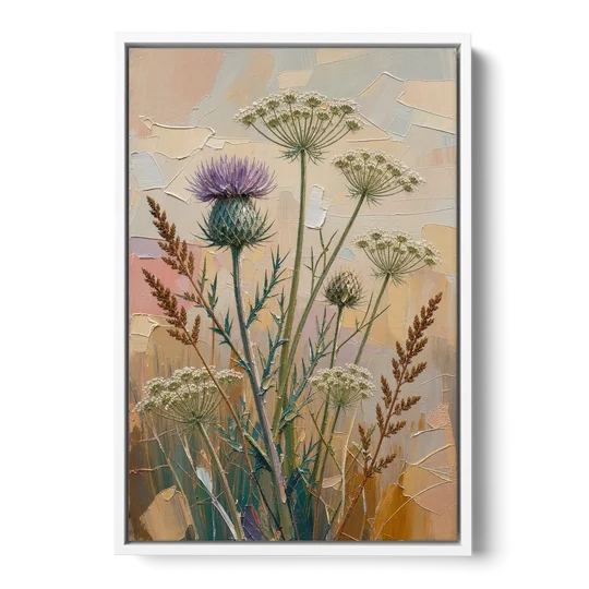 Modern Floral Painting of Thistle and Wild Carrot - White Framed Canvas Wall Art - Front