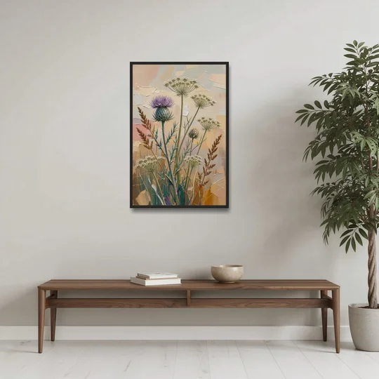 Modern Floral Painting of Thistle and Wild Carrot - Black Framed Canvas Wall Art - Coffee Table - 24x36