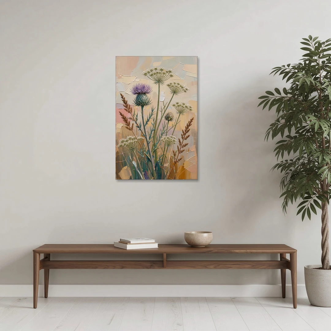 Modern Floral Painting of Thistle and Wild Carrot - Canvas Wall Art - Coffee Table - 24x36