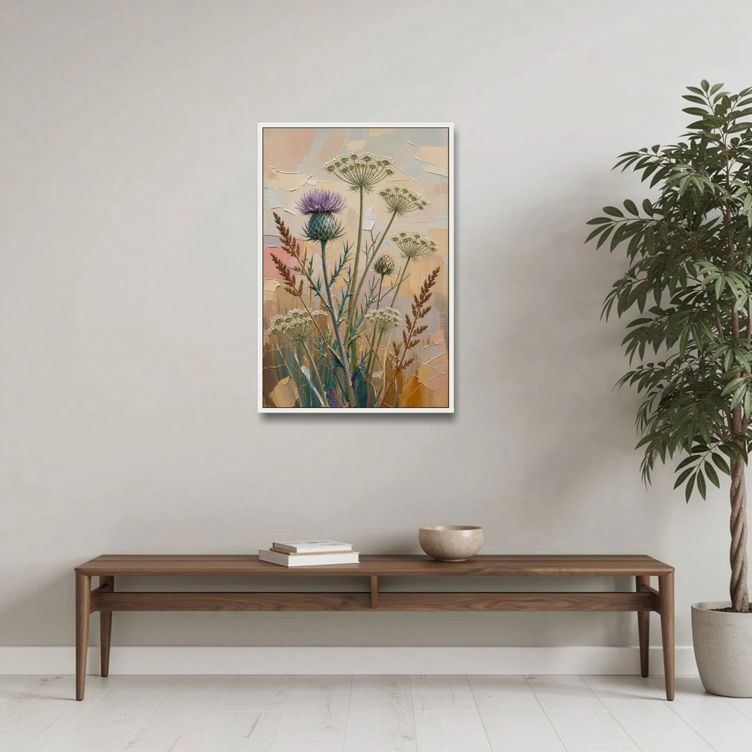 Modern Floral Painting of Thistle and Wild Carrot - White Framed Canvas Wall Art - Coffee Table - 24x36