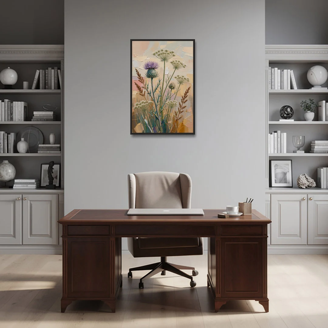 Modern Floral Painting of Thistle and Wild Carrot - Black Framed Canvas Wall Art - Office - 24x36