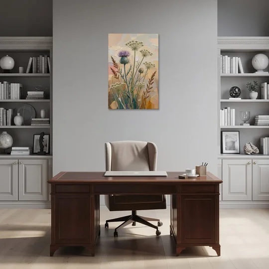 Modern Floral Painting of Thistle and Wild Carrot - Canvas Wall Art - Office - 24x36