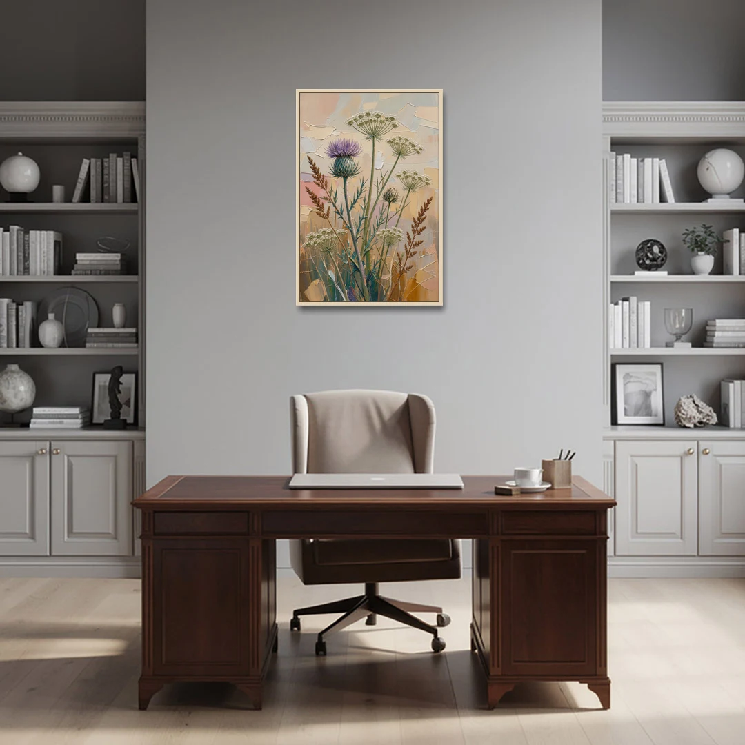 Modern Floral Painting of Thistle and Wild Carrot - Oak Framed Canvas Wall Art - Office - 24x36