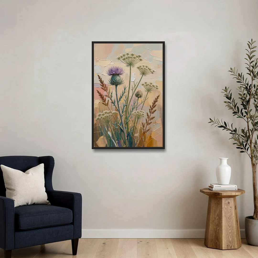Modern Floral Painting of Thistle and Wild Carrot - Black Framed Canvas Wall Art - Sofa - 24x36