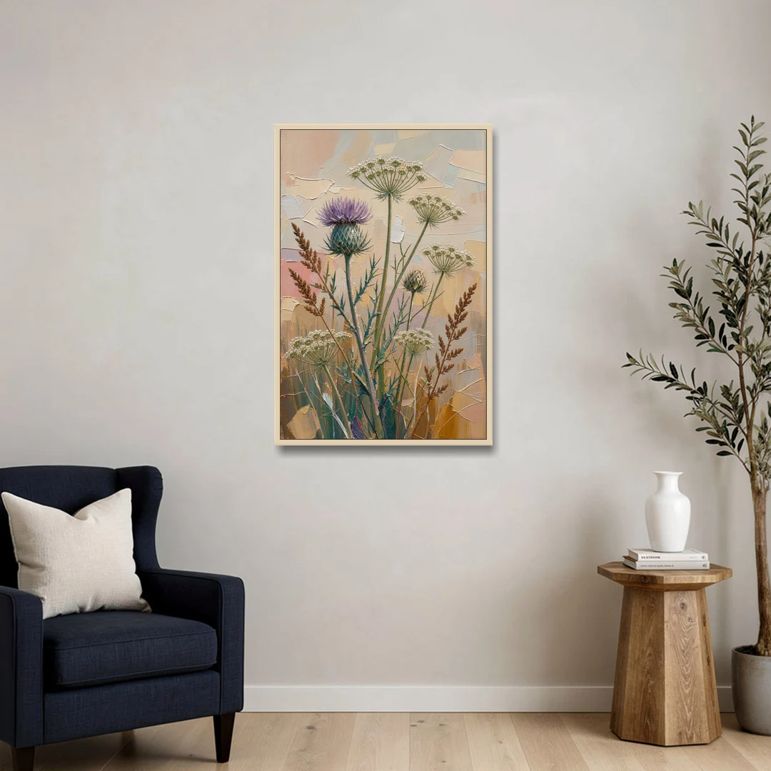 Modern Floral Painting of Thistle and Wild Carrot - Oak Framed Canvas Wall Art - Sofa - 24x36