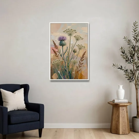 Modern Floral Painting of Thistle and Wild Carrot - White Framed Canvas Wall Art - Sofa - 24x36
