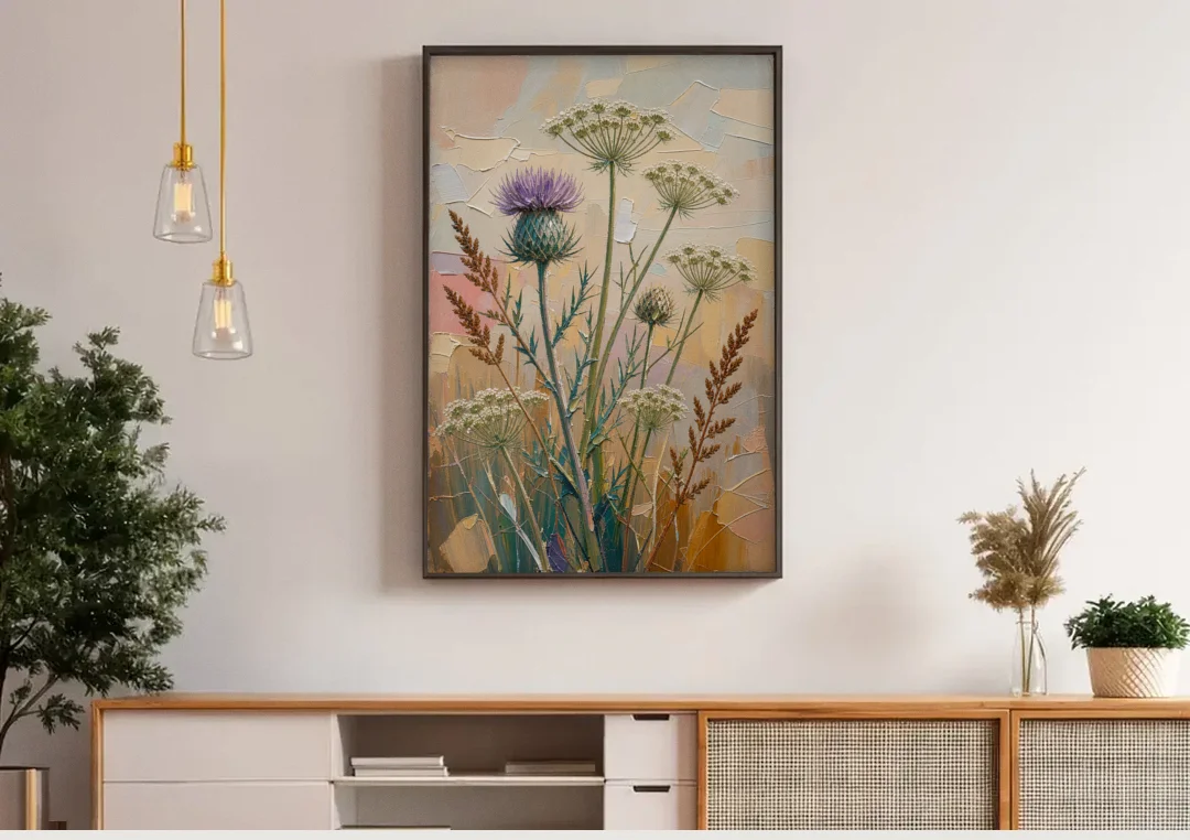 Modern Floral Painting of Thistle and Wild Carrot canvas wall art above a wooden sideboard under pendant lights