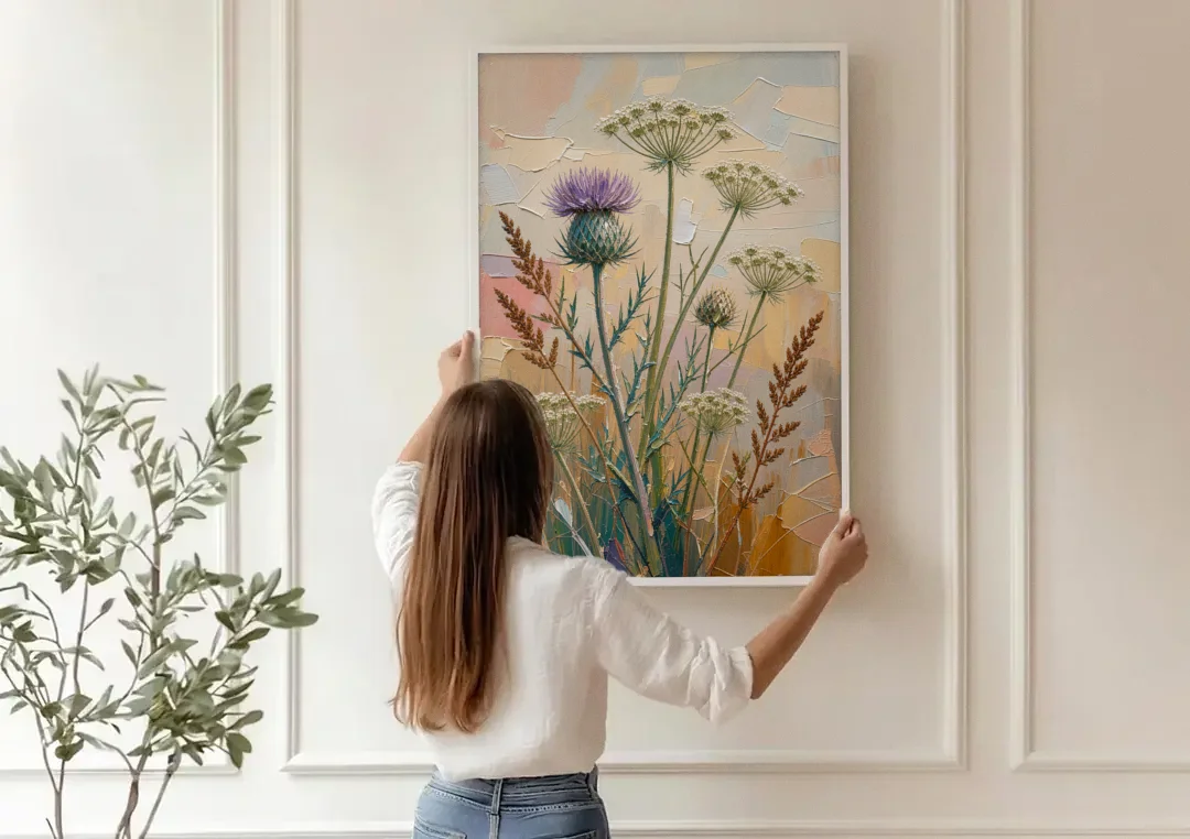 Modern Floral Painting of Thistle and Wild Carrot canvas wall art being hung on a paneled wall