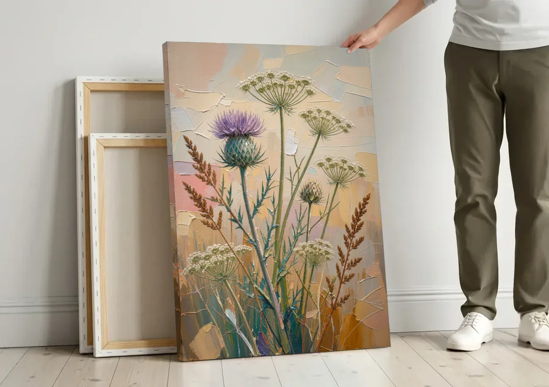 Modern Floral Painting of Thistle and Wild Carrot canvas wall art leaning against a wall next to blank canvases