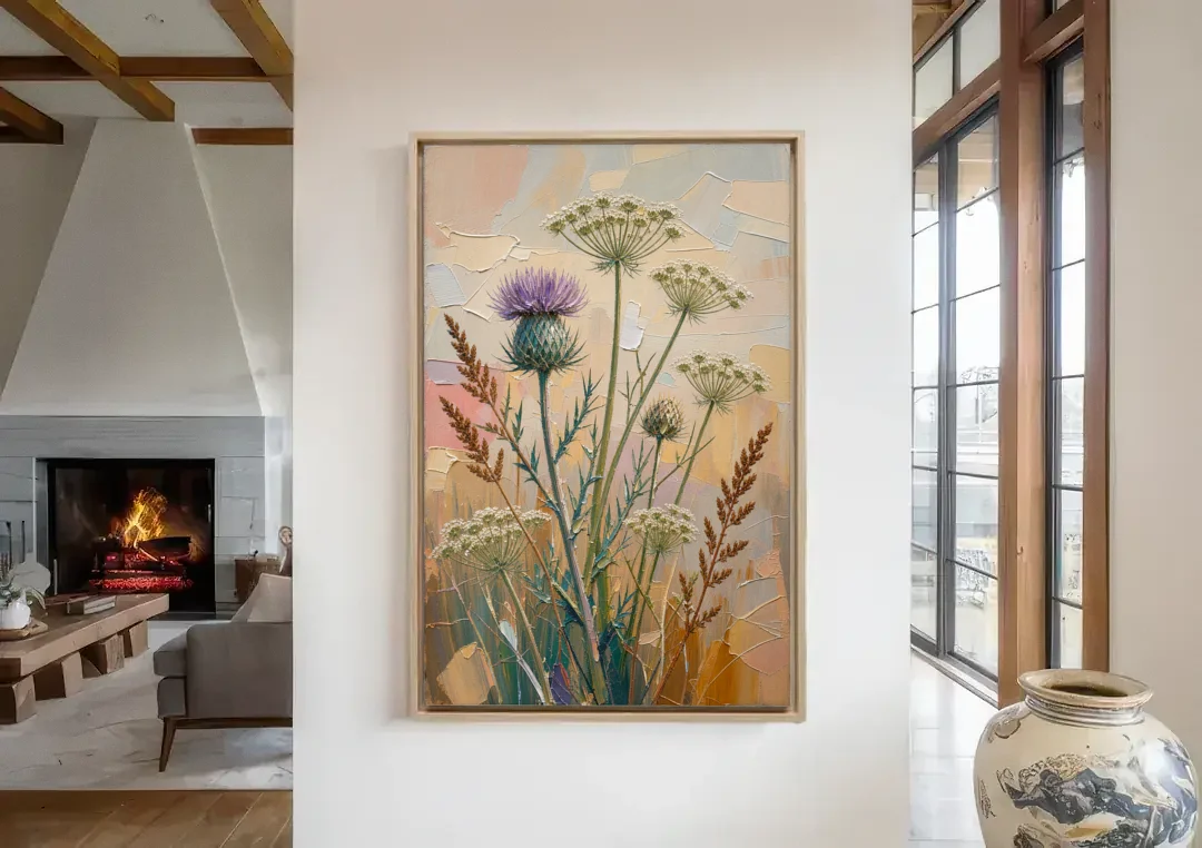 Modern Floral Painting of Thistle and Wild Carrot canvas wall art in a living room with a fireplace