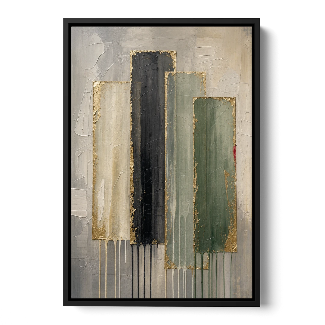 Modern Green and Gold Abstract Dripping Veils - Black Framed Canvas Wall Art - Front
