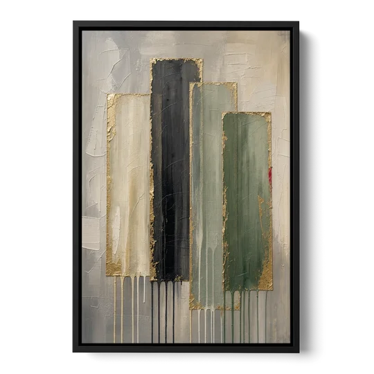 Modern Green and Gold Abstract Dripping Veils - Black Framed Canvas Wall Art - Front