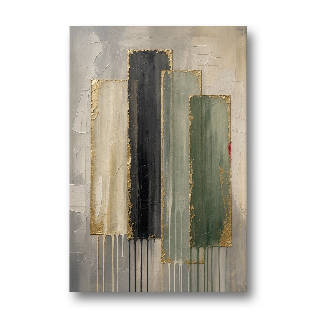 Modern Green and Gold Abstract Dripping Veils - Canvas Wall Art - Front