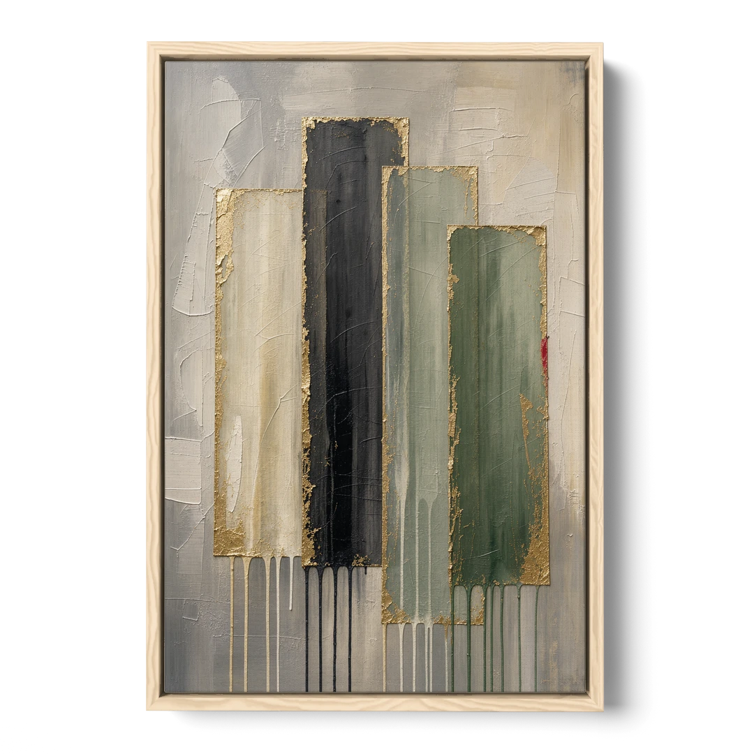 Modern Green and Gold Abstract Dripping Veils - Oak Framed Canvas Wall Art - Front