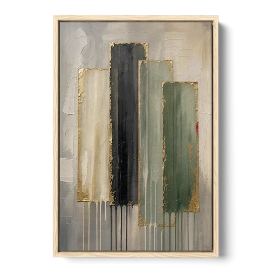 Modern Green and Gold Abstract Dripping Veils - Oak Framed Canvas Wall Art - Front