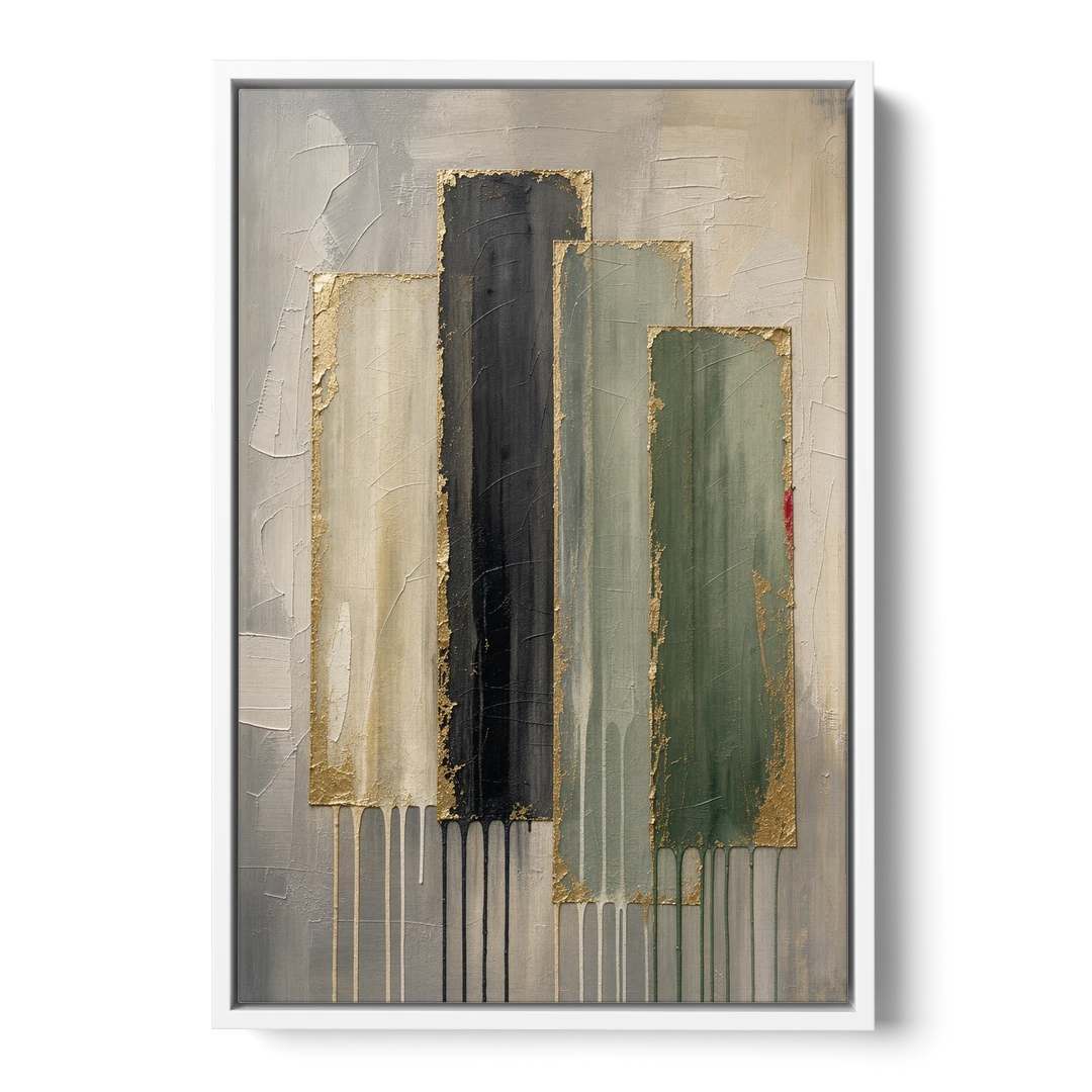 Modern Green and Gold Abstract Dripping Veils - White Framed Canvas Wall Art - Front