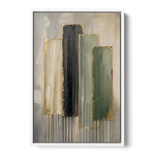 Modern Green and Gold Abstract Dripping Veils - White Framed Canvas Wall Art - Front